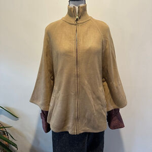 Big Buddha Knit Cape Poncho Jacket| Zip Front Batwing Sweater| Camel Tan Boho-M